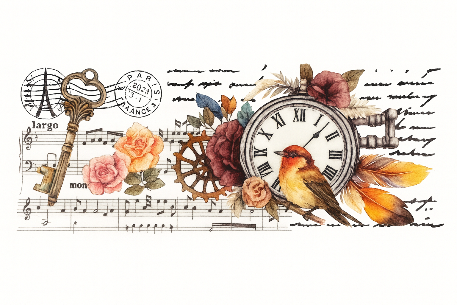 Clock, Music Notes, Script & Key #FLR023