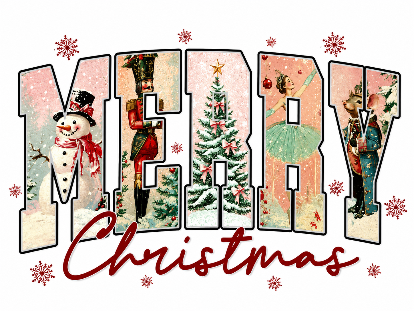 Merry Christmas Pattern Pink & Red Glitter Clear Film Screen Print Transfer CF- CM03