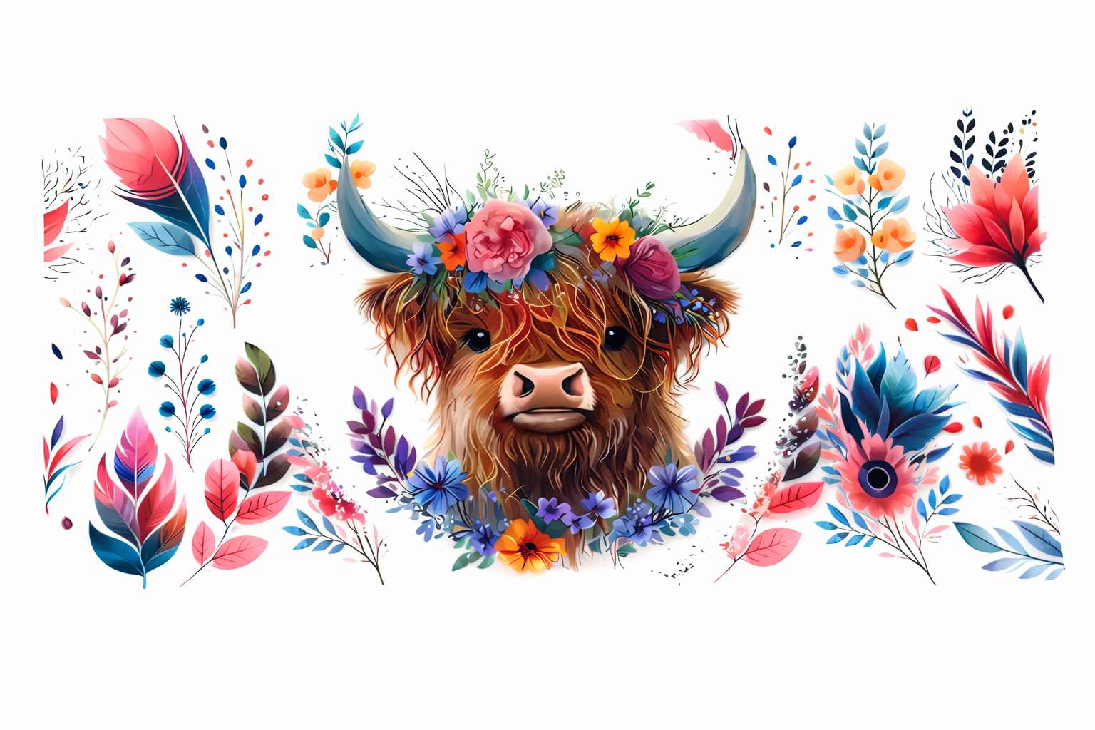 Highland Cow & Leaves #FAR027