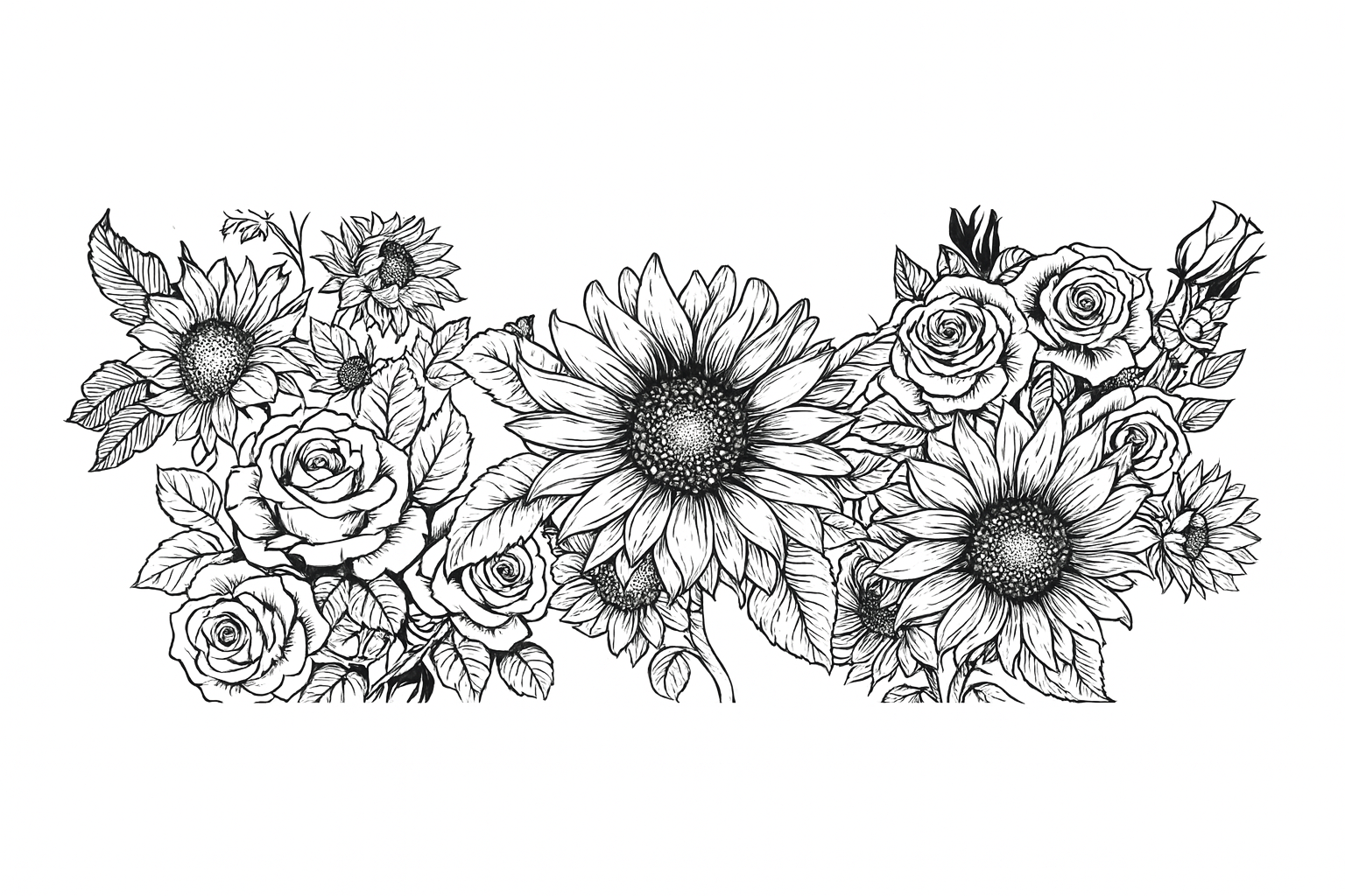 Black Outline Of Sunflowers #FLR049