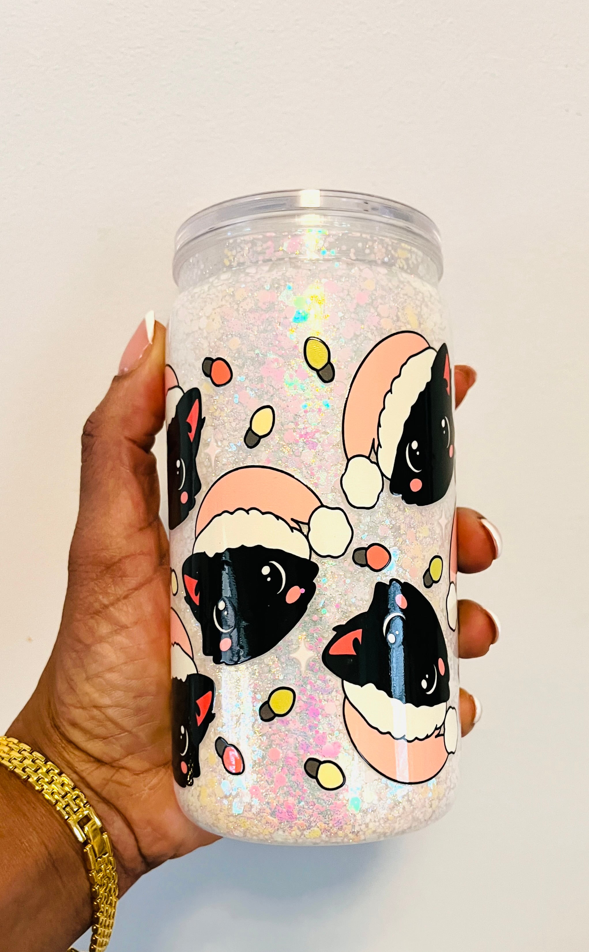 Ready to Ship-16 oz Acrylic Santa Kitty Iridescent Chunky Glitter